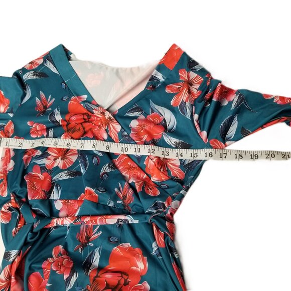 Bon Rosy Teal Floral Maxi Wrap Dress Medium Stretch Belted Boho 3/4 Sleeve - Picture 8 of 10